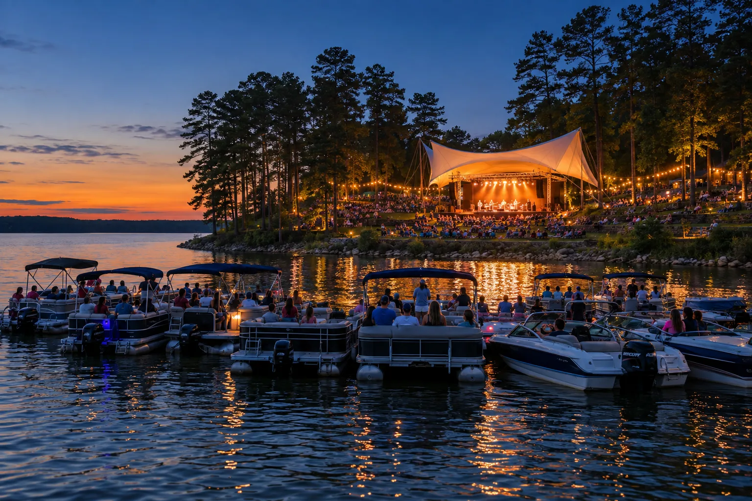 Concept rendering of pontoon boats rafted up on the lake at dusk, facing a lit amphitheater stage on a wooded point
