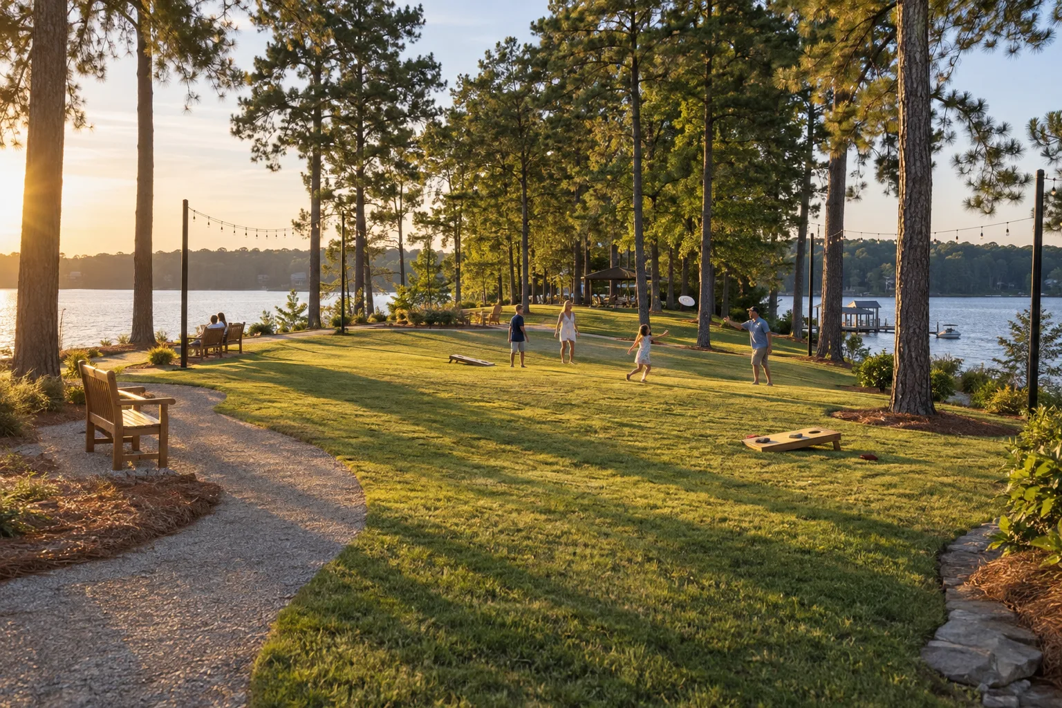 Concept rendering of an open commons lawn under tall pines with benches, string lights, lawn games and the lake beyond