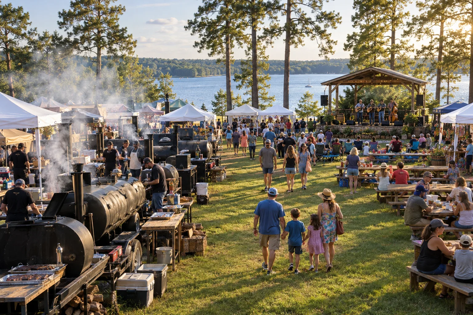 Concept rendering of a barbecue championship and food festival on a lakeside lawn, with smoker trailers, vendor tents, families and a band on a small covered stage