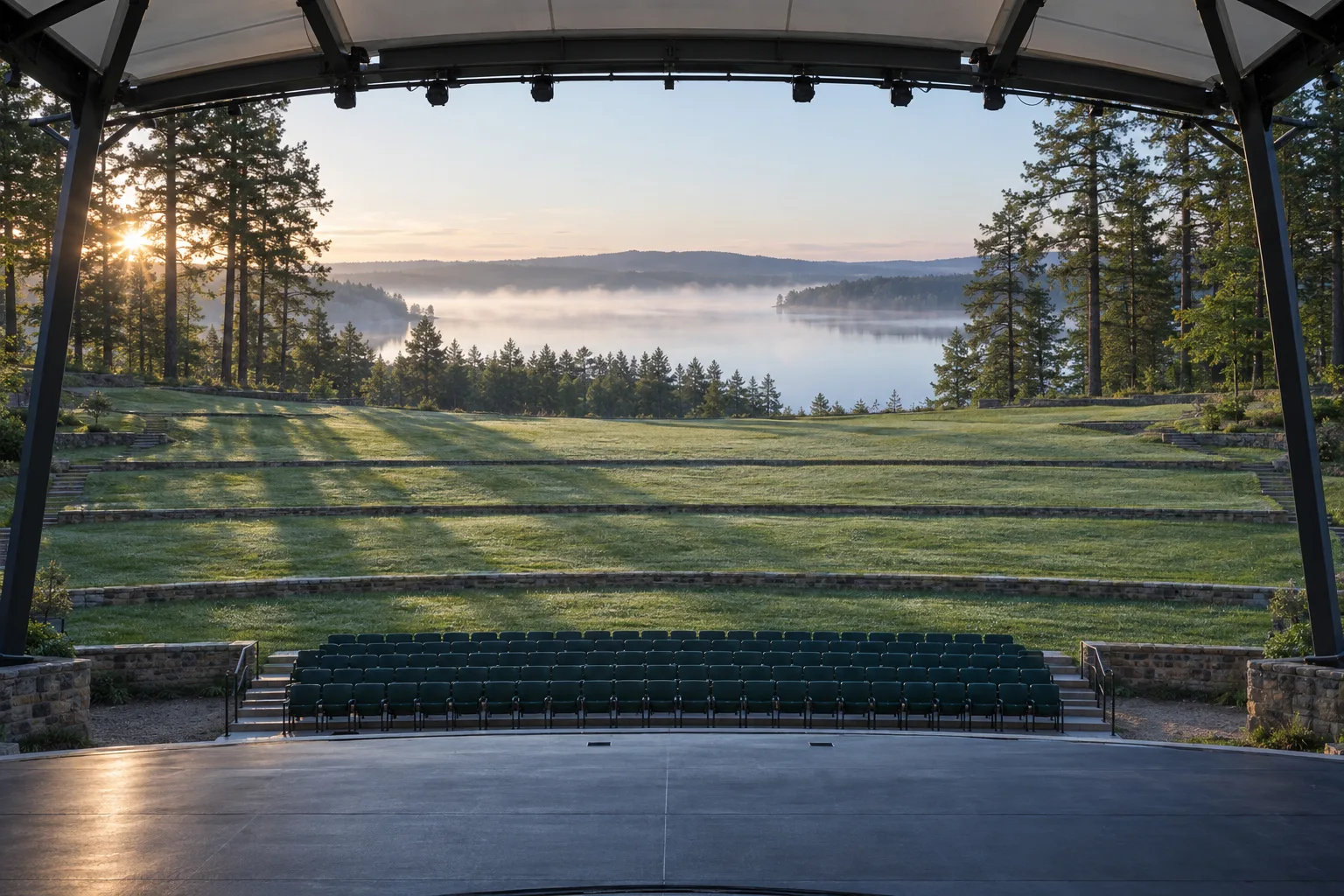 Concept rendering of the amphitheater at dawn seen from the stage, with mist rising off the lake beyond the pines