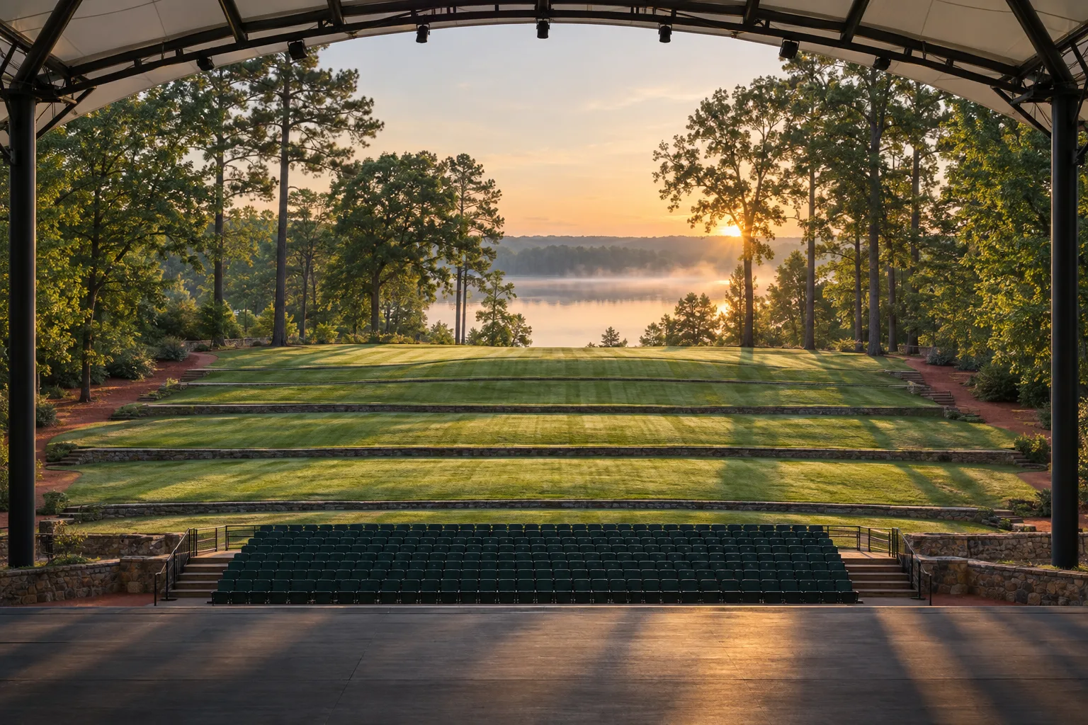 Concept rendering looking out from beneath a covered stage over rows of seats and a terraced lawn toward the lake at sunrise