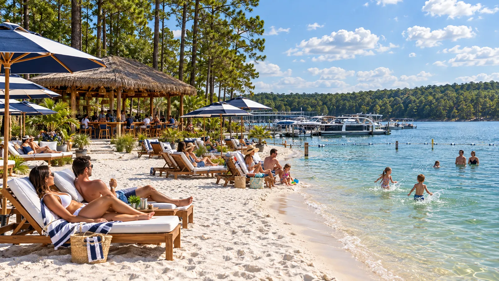 Concept view of families on loungers under striped umbrellas and children splashing in clear shallow water beside a thatched beach bar