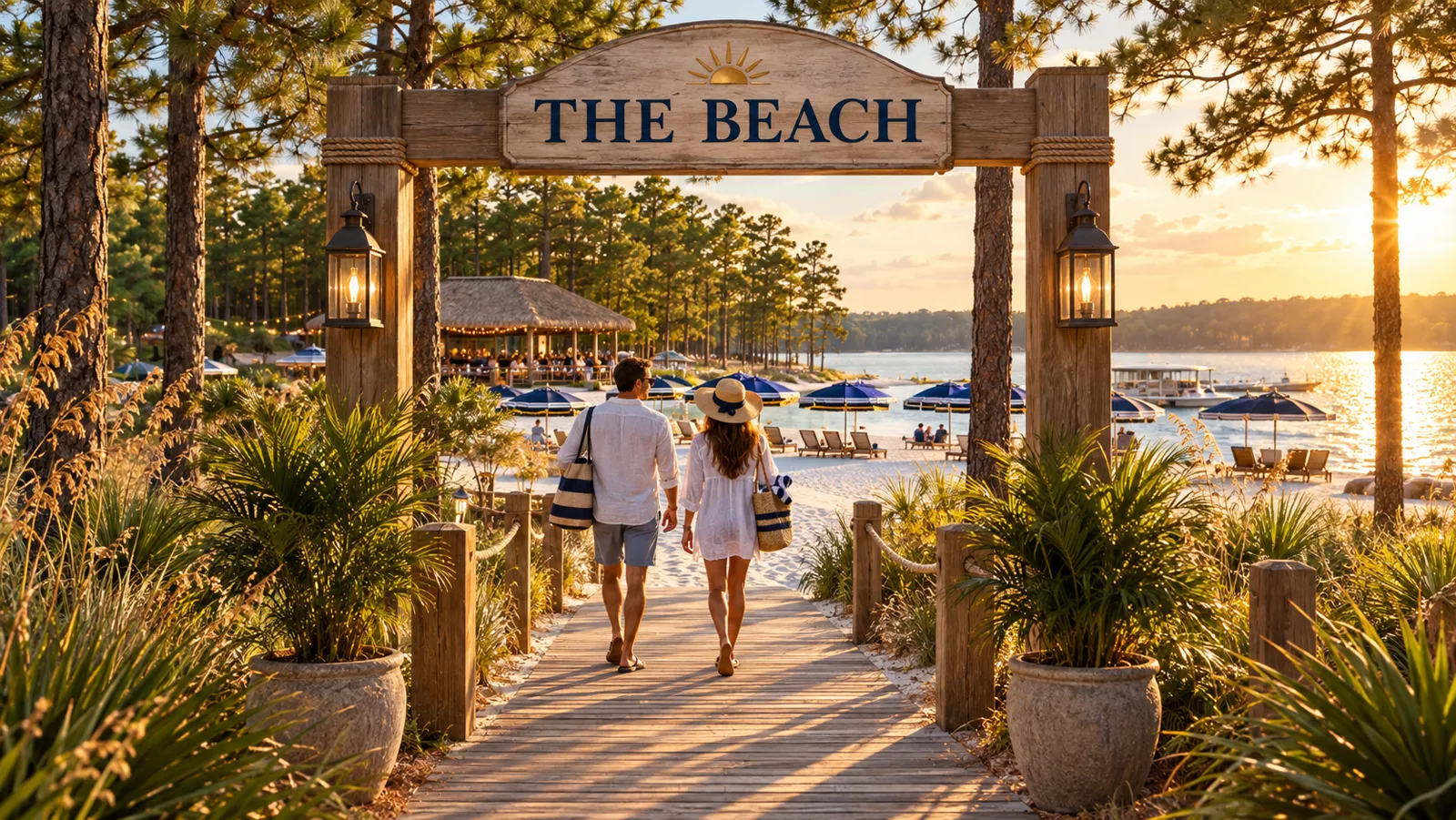Concept rendering of a timber entry arch with a carved sign reading The Beach over a boardwalk leading to the sand and lake at sunset