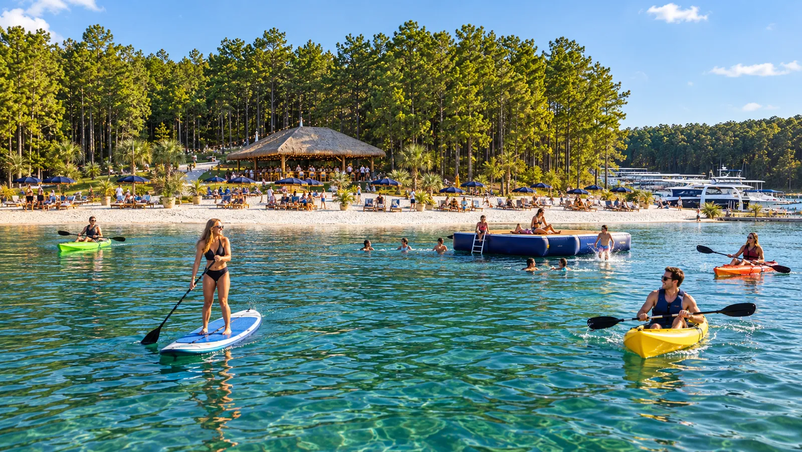 Concept view of paddleboarders, kayakers and a floating swim platform off the white-sand beach