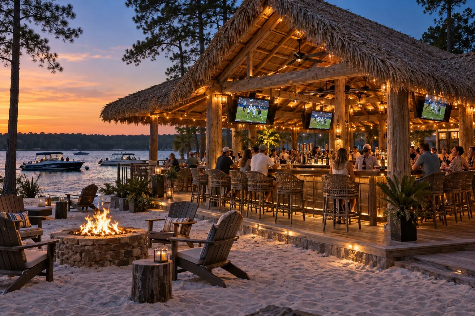 Concept view of the Sport and Tiki bar with a thatched roof, game-day screens and fire pits on the sand