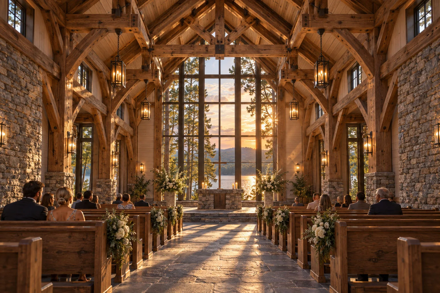 Concept rendering of a timber-and-stone chapel interior with a full-height window wall behind the altar looking out to the lake at sunset