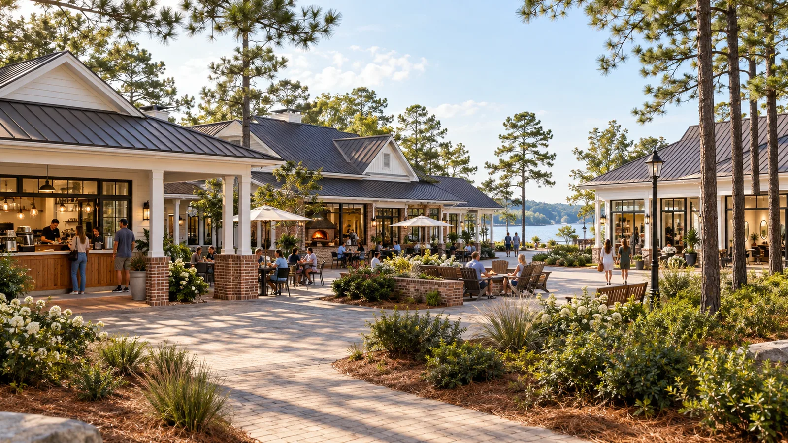 Original illustrative architectural concept for a Carolina-style village center with coffee, dining and small shops