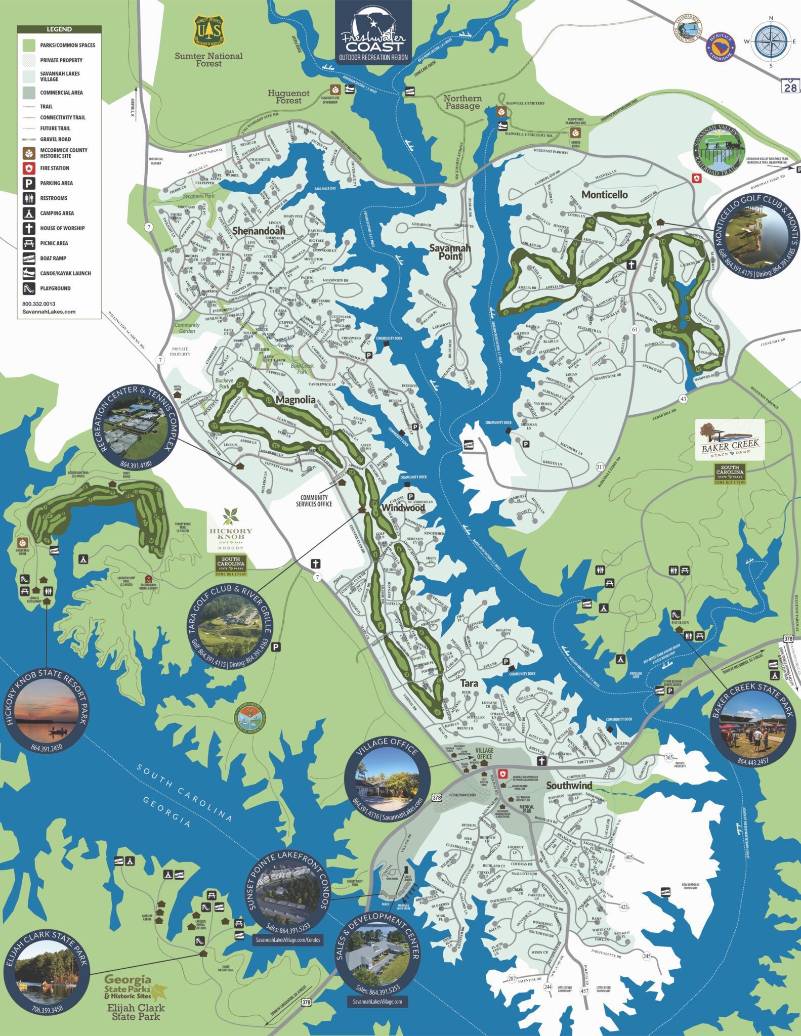 Savannah Lakes Village community map with the six neighborhoods numbered