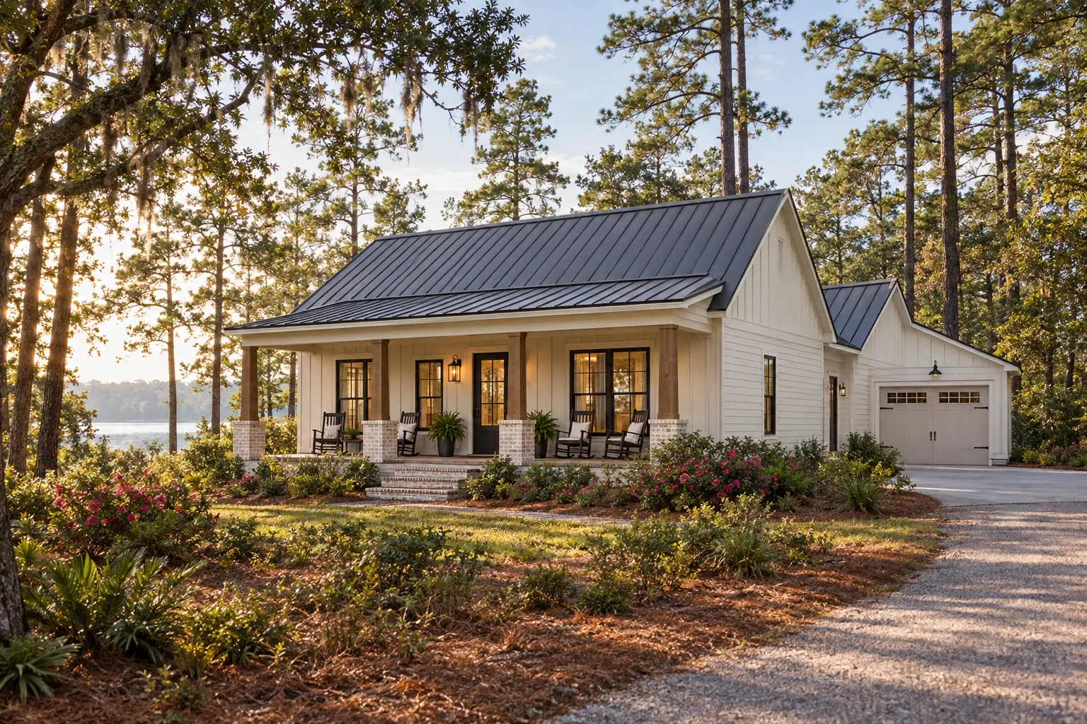 Original concept rendering of a compact white Carolina cottage with a covered porch and attached garage among pines