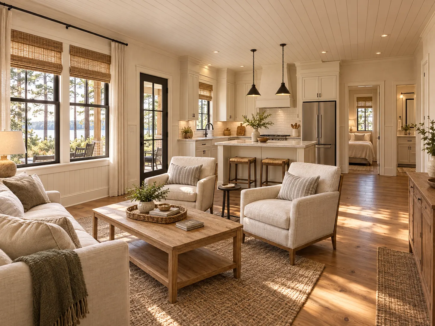 Original concept rendering of the cottage's modest open living room and kitchen with a view through windows to pines