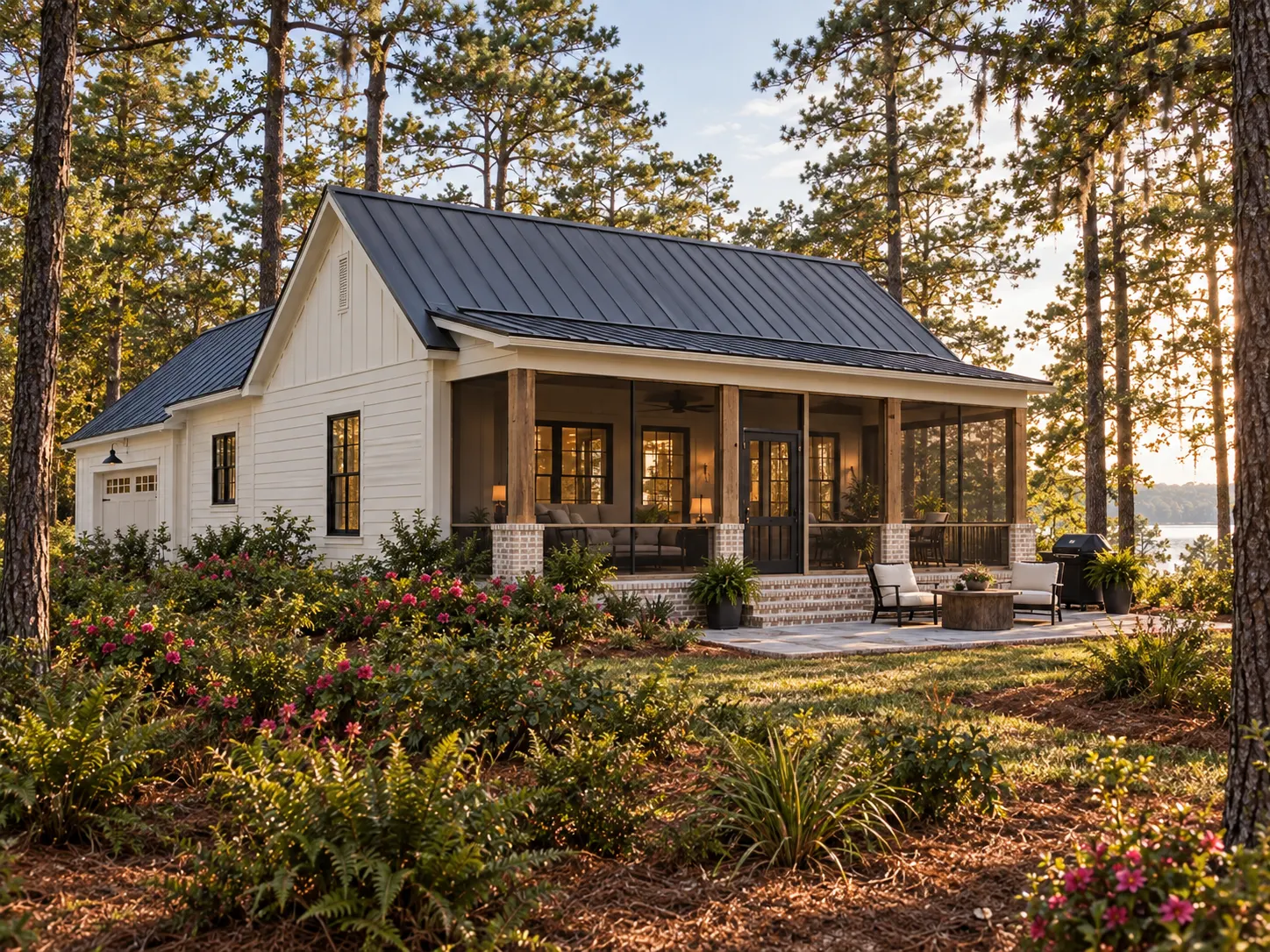 Original concept rendering of a screened rear porch and garden at the same Carolina cottage