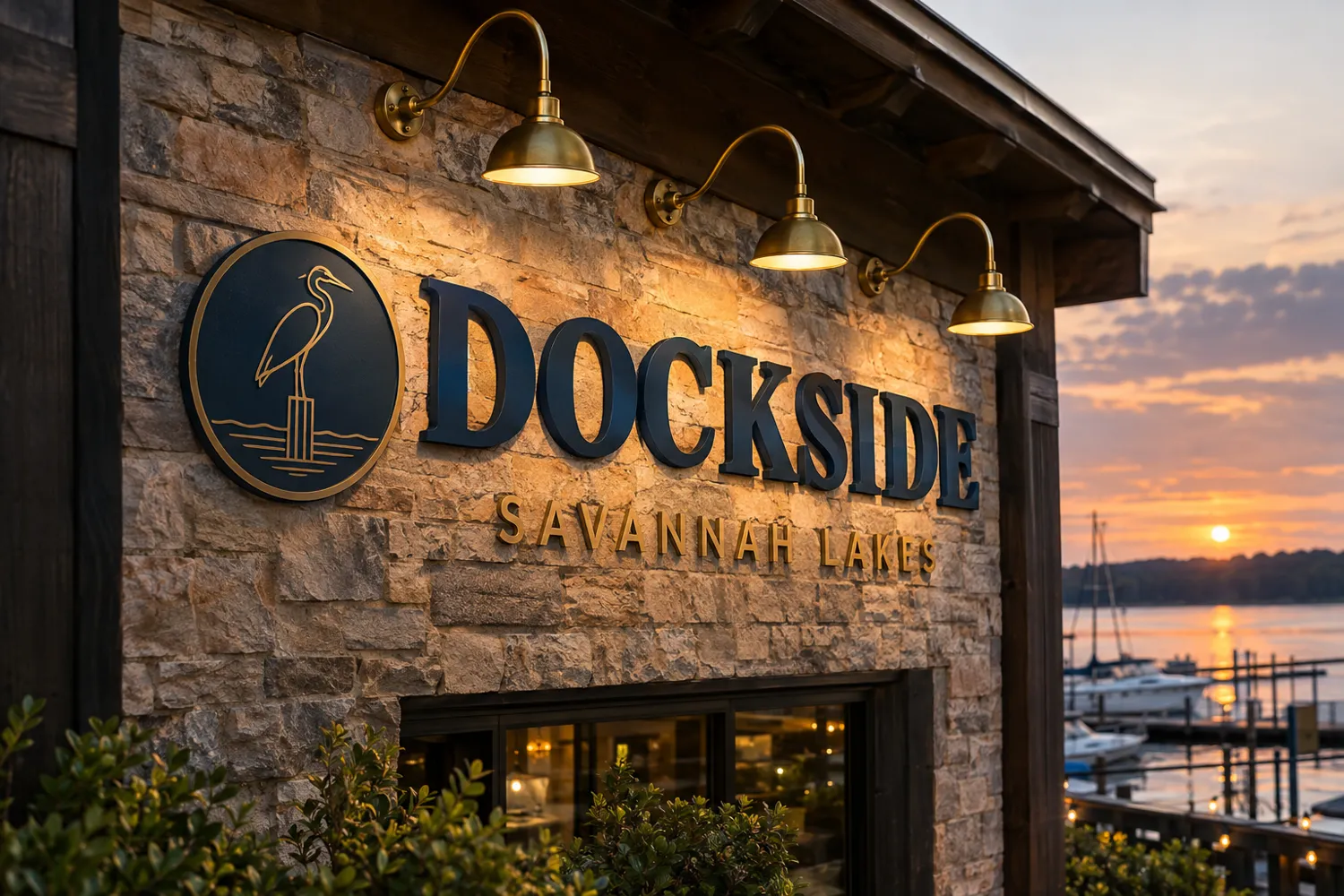 Concept view of the Dockside entrance with a stone wall, lantern lights and an illuminated sign at sunset