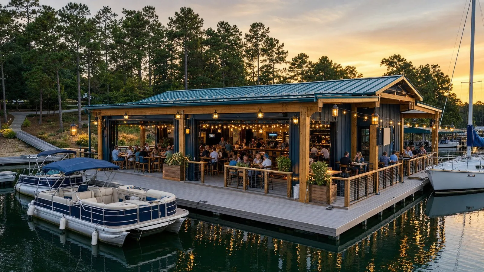 Concept view of Dockside, a lakeside restaurant with boats tied up at its dock