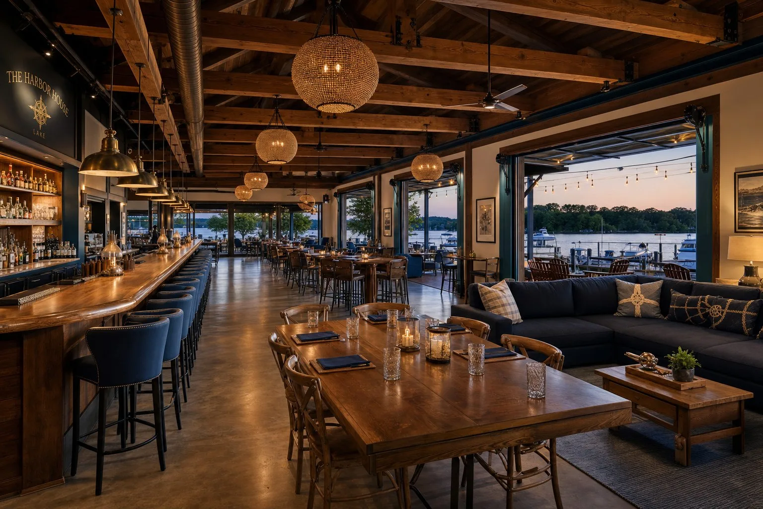 Concept view of the Dockside dining room with a long bar, wood beams and open lake views
