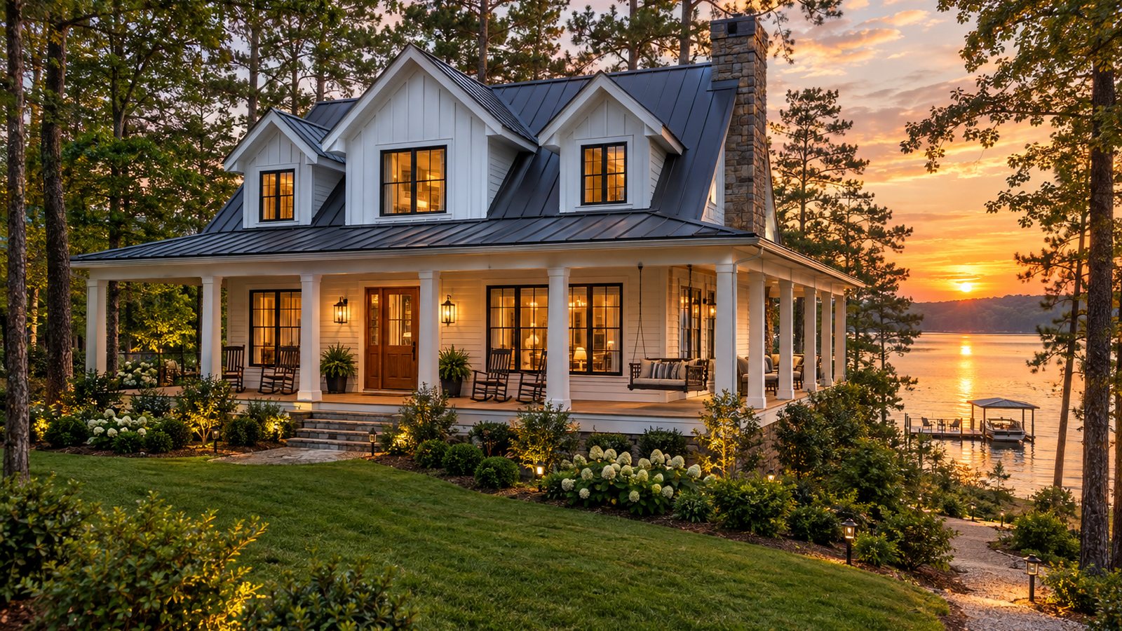 Illustrative concept of a two-story Carolina cottage with a wraparound porch on a wooded lakefront lot at sunset