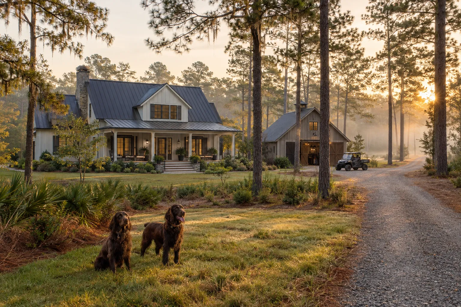 Concept rendering of a low-country estate home on a wooded two-acre homesite with a detached gun-room barn, a side-by-side and two hunting dogs on the lawn