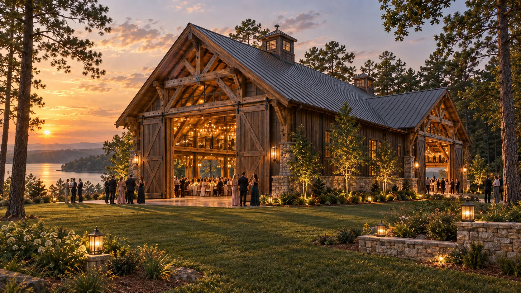 Concept view of a timber-frame event barn at sunset with its sliding doors open to a lakeside lawn