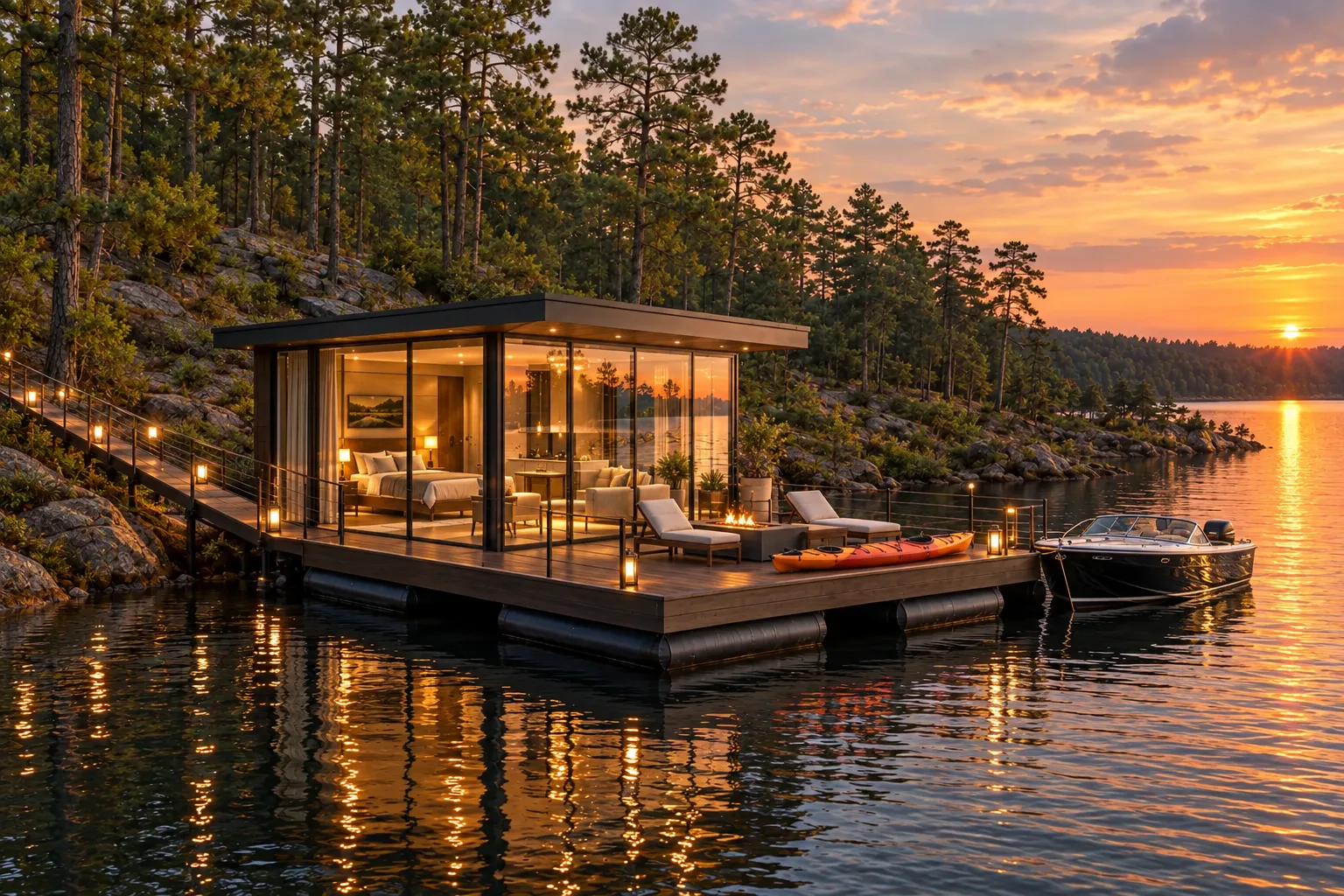Concept rendering of a single floating glass cottage at dusk with a wraparound deck, fire table, kayak and a boat tied alongside