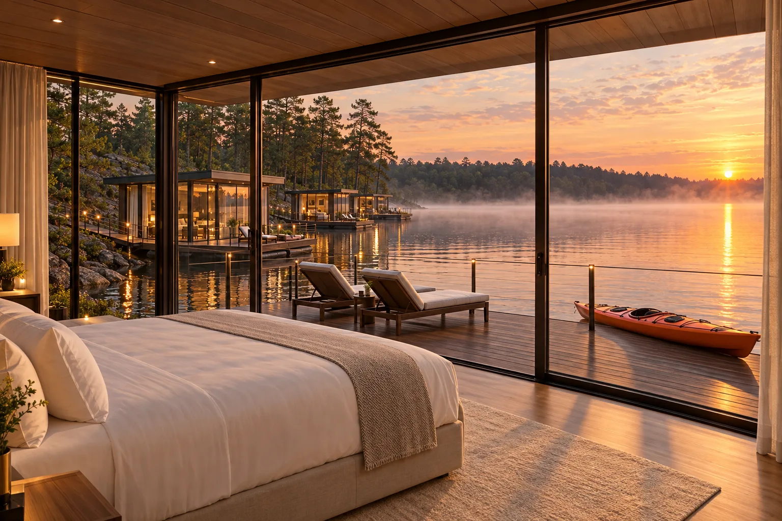 Concept rendering from inside a floating glass cottage of a king bed facing a glass wall that opens onto a private deck and a misty lake at sunrise