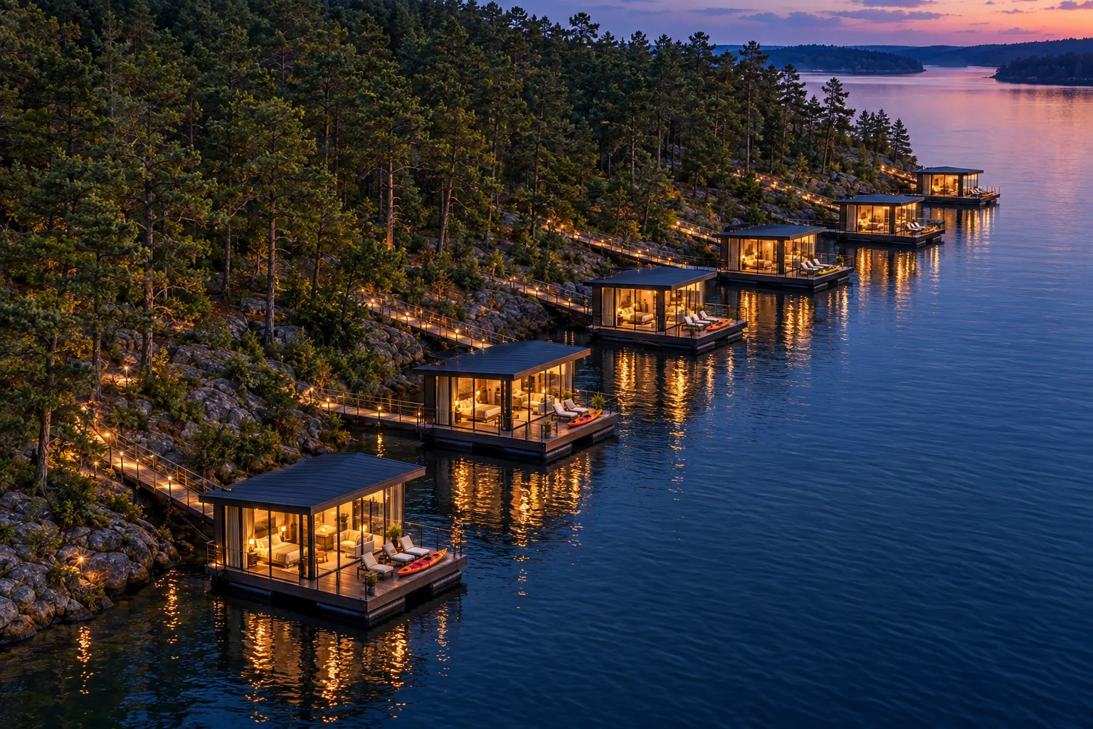Concept rendering from the air of a row of glass cottages on floating decks moored along a wooded shoreline at blue hour, each linked to shore by a lit gangway