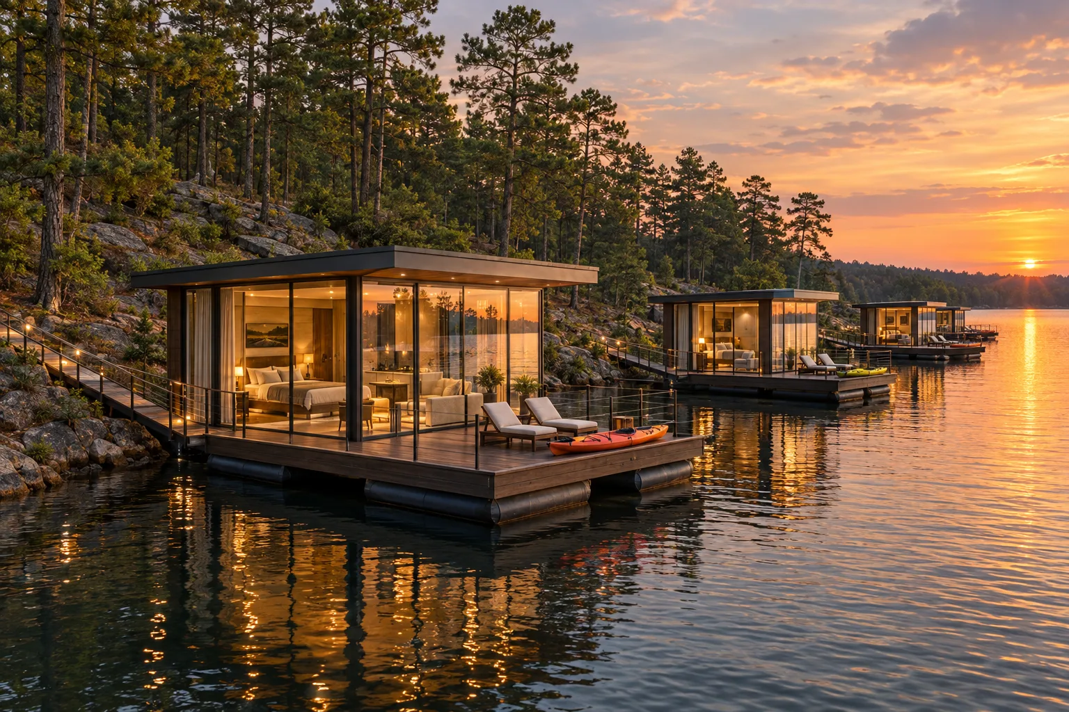Concept view of glass cottages on floating timber decks moored along the wooded shoreline at sunset, each linked to shore by a lit gangway