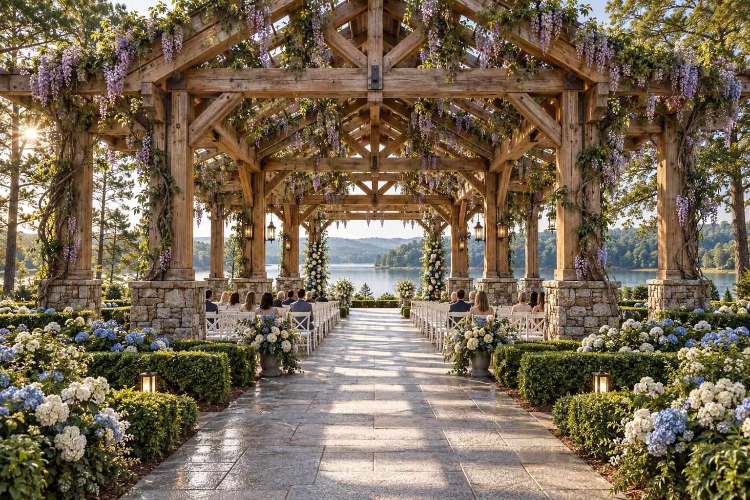 Concept rendering of a timber garden arbor draped in wisteria, with a granite aisle lined by hydrangeas leading to the lake