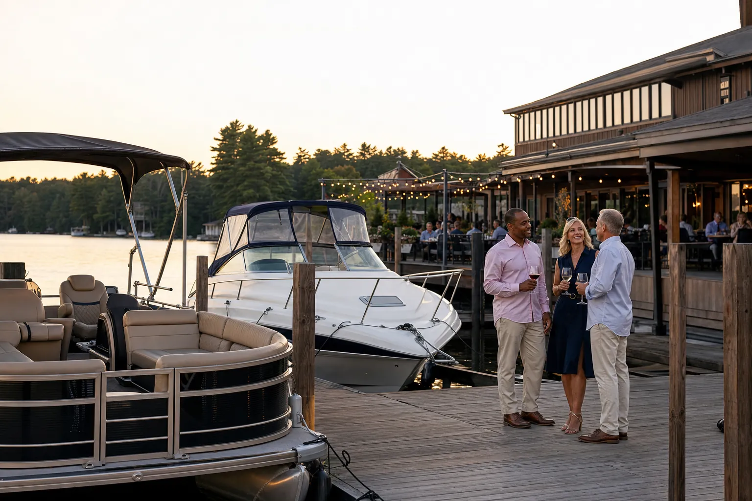 Concept scene of guests gathering by the marina docks
