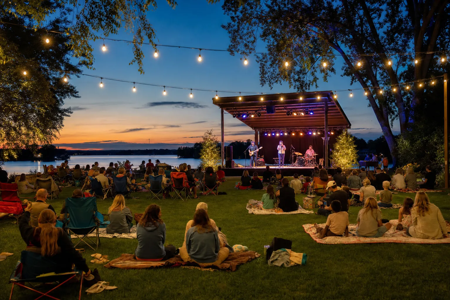 Concept scene of neighbors gathering on a lawn at dusk