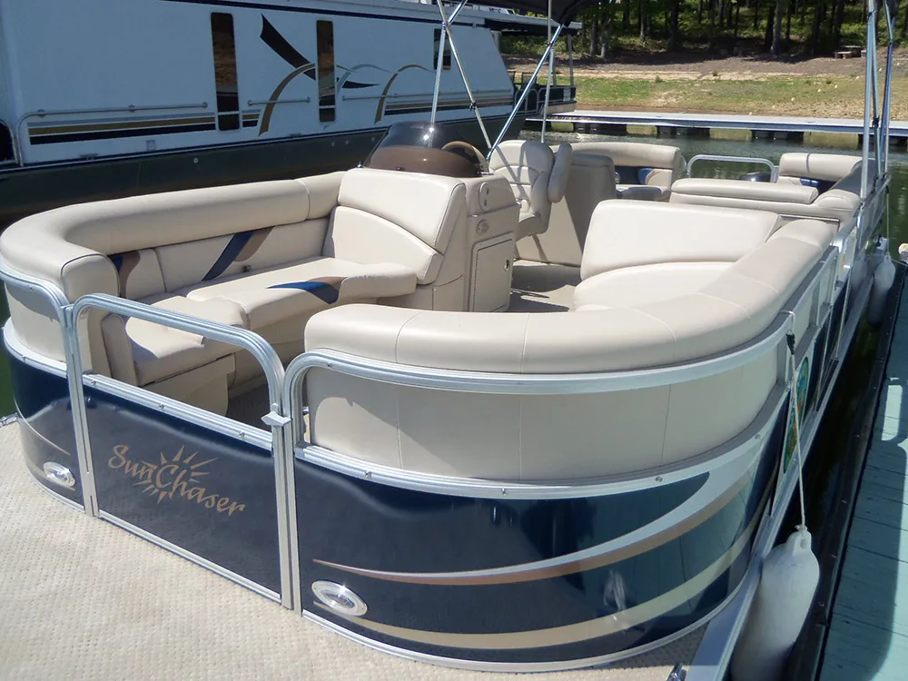A rental pontoon boat at Savannah Lakes Marina