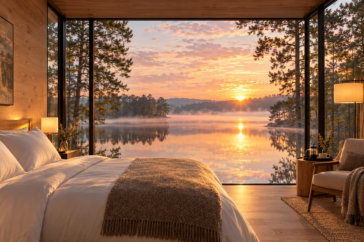 Concept rendering of a mirror cottage bedroom with a king bed facing a floor-to-ceiling glass wall and a misty lake at sunrise