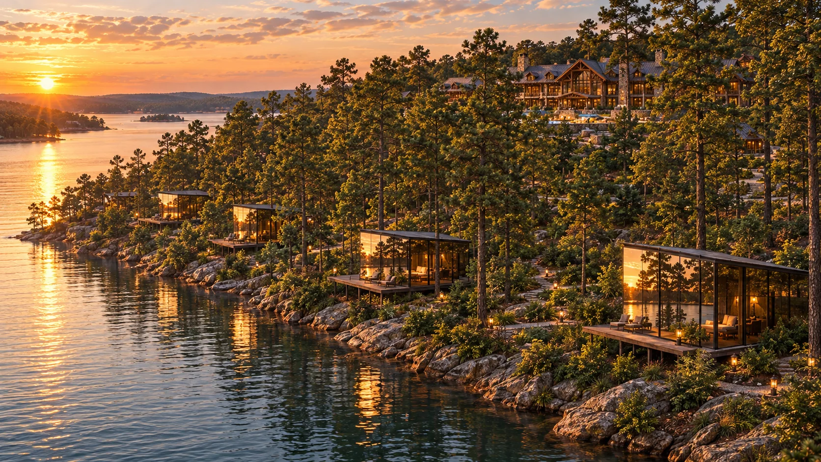 Concept view of mirrored-glass cottages interspersed along the wooded shoreline at sunset