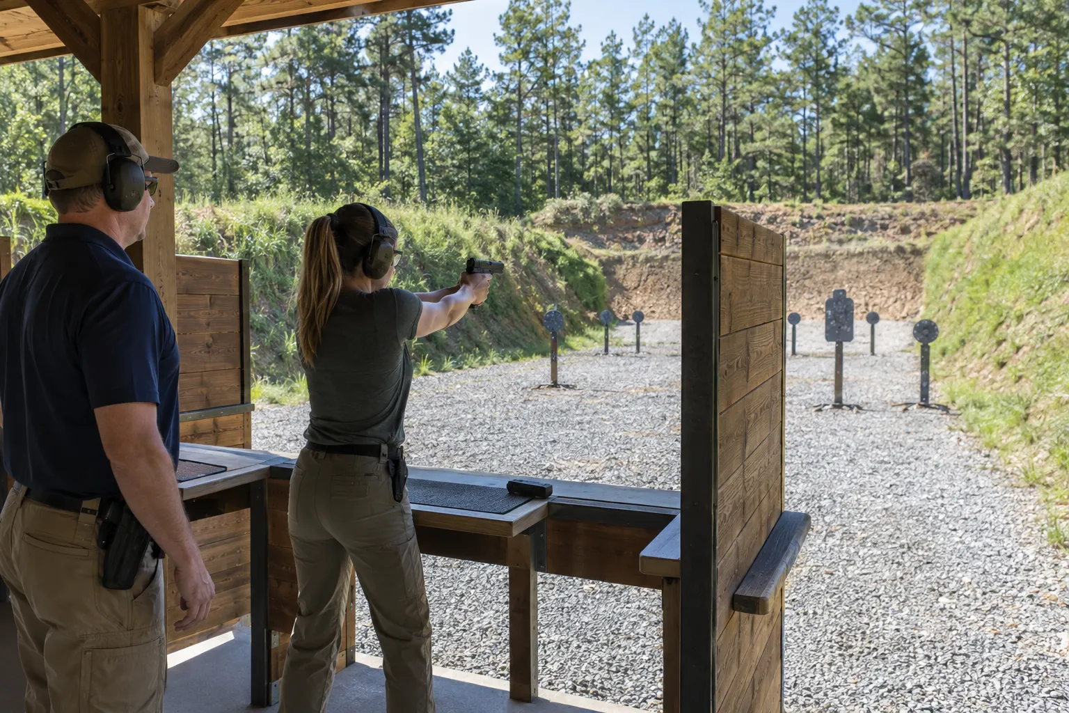 Concept rendering of a covered pistol bay with a range officer beside a shooter aiming at steel targets between earthen berms