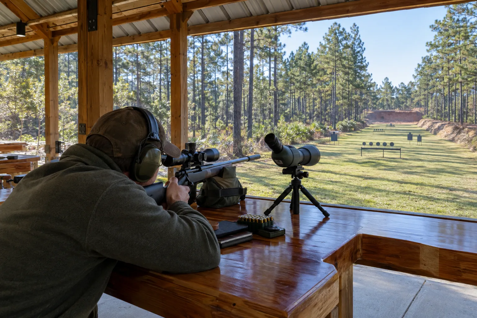 Concept rendering of a covered rifle range with polished wood benches, a spotting scope and a long mowed lane to steel targets