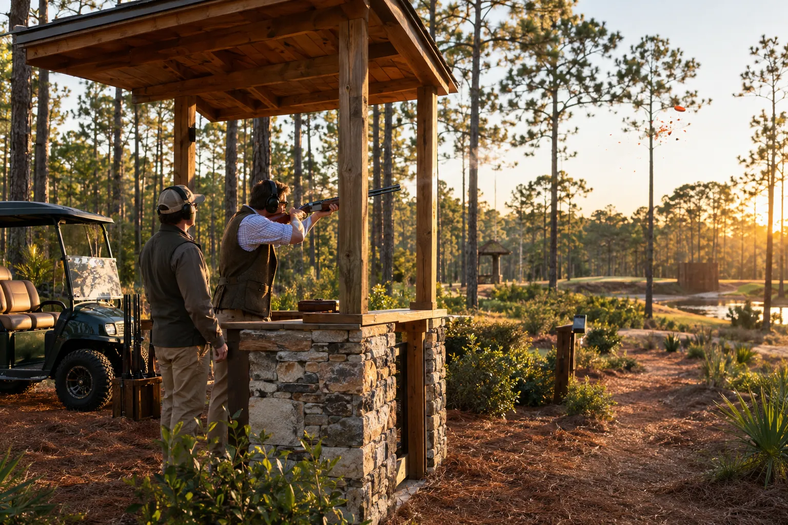 Concept rendering of a timber-and-stone sporting clays station in a longleaf pine forest at golden hour, with a shooter breaking a clay