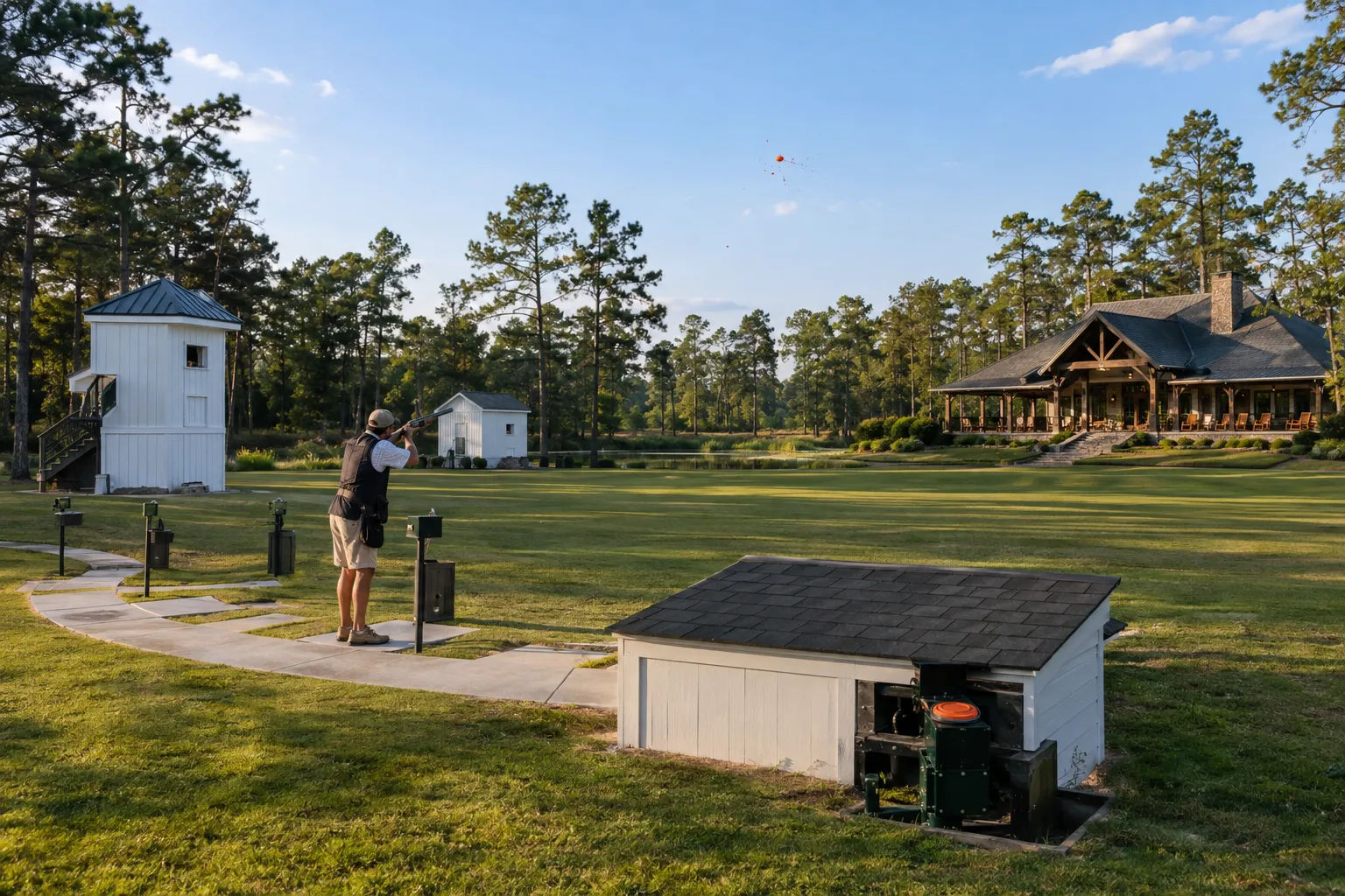 Concept rendering of a skeet field with high and low houses, a trap house and a timber clubhouse pavilion