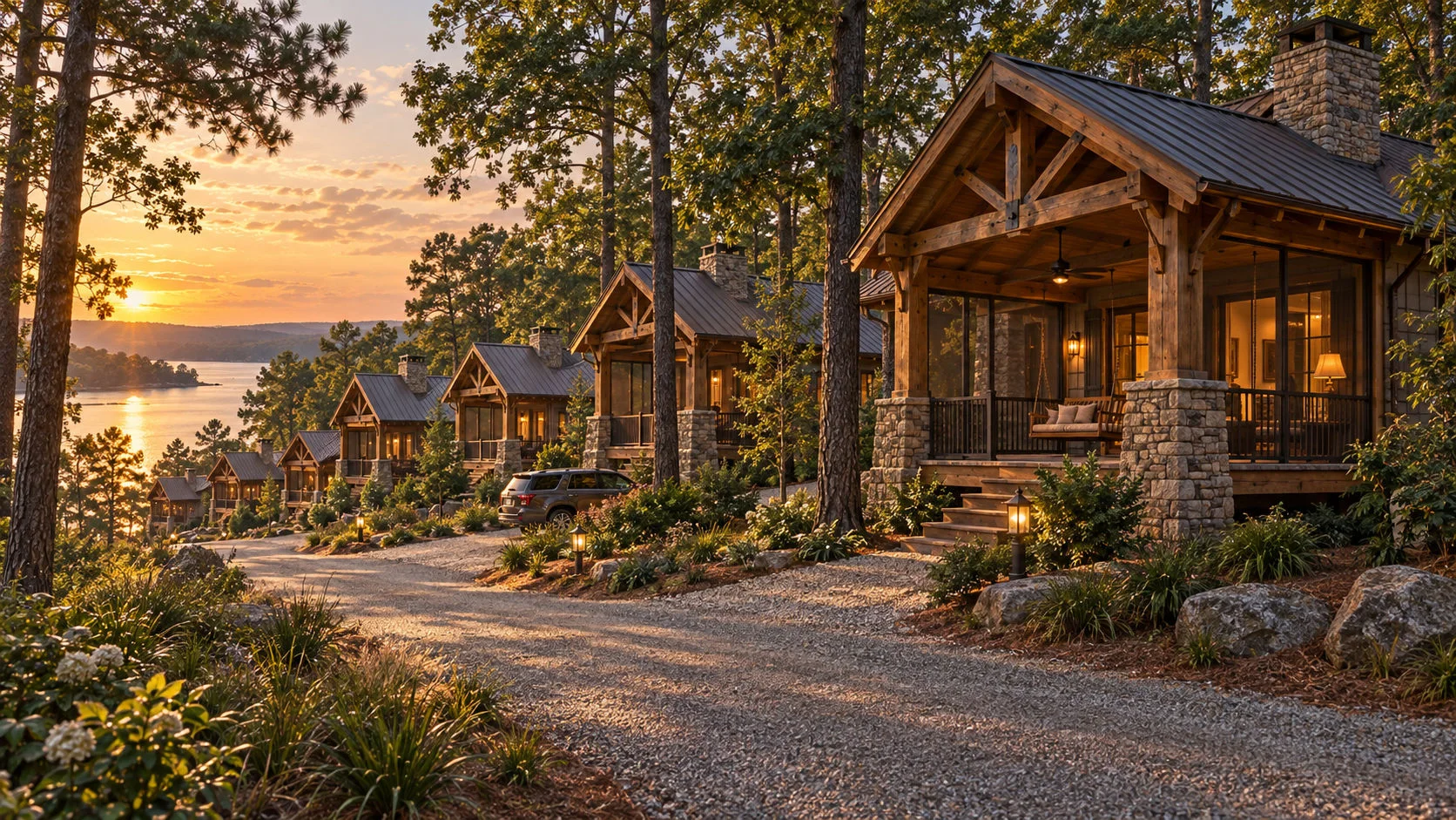 Concept view of timber-and-stone guest cottages along a lantern-lit lane through the pines at sunset