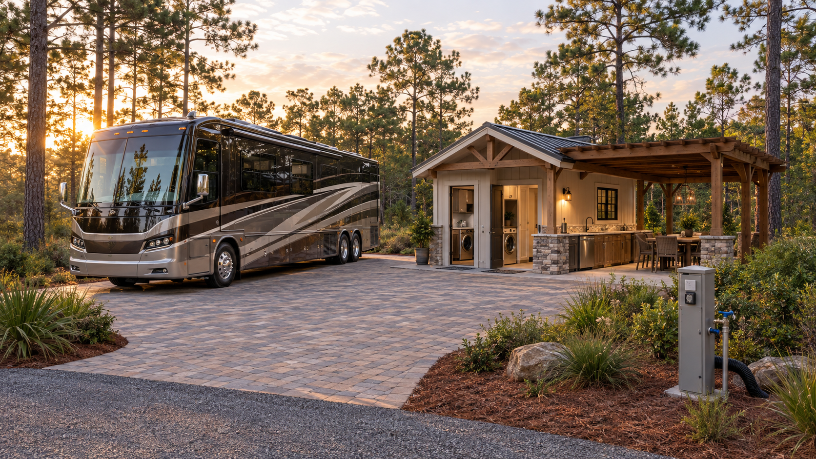 Concept rendering of a motorcoach pad, utility hookup and kitchen-laundry pavilion with pergola