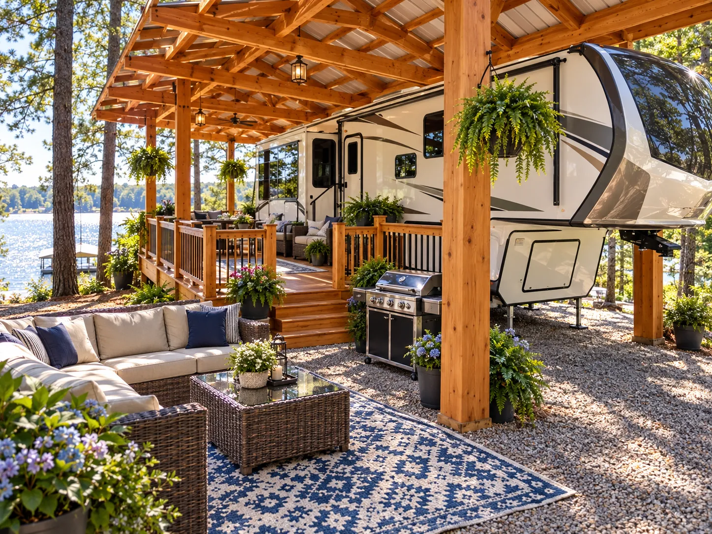 Concept rendering of a covered RV site with a cedar pergola, a raised deck, outdoor sofa and grill beside a fifth-wheel, with the lake beyond