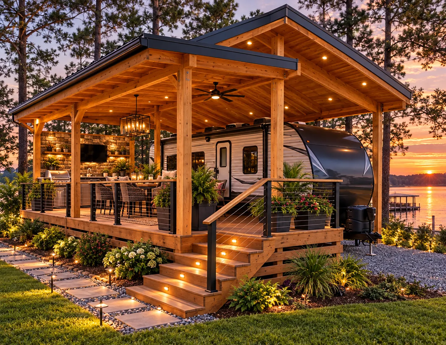 Concept rendering of an RV pavilion at sunset with an outdoor kitchen, dining area, lit steps and the lake glowing beyond