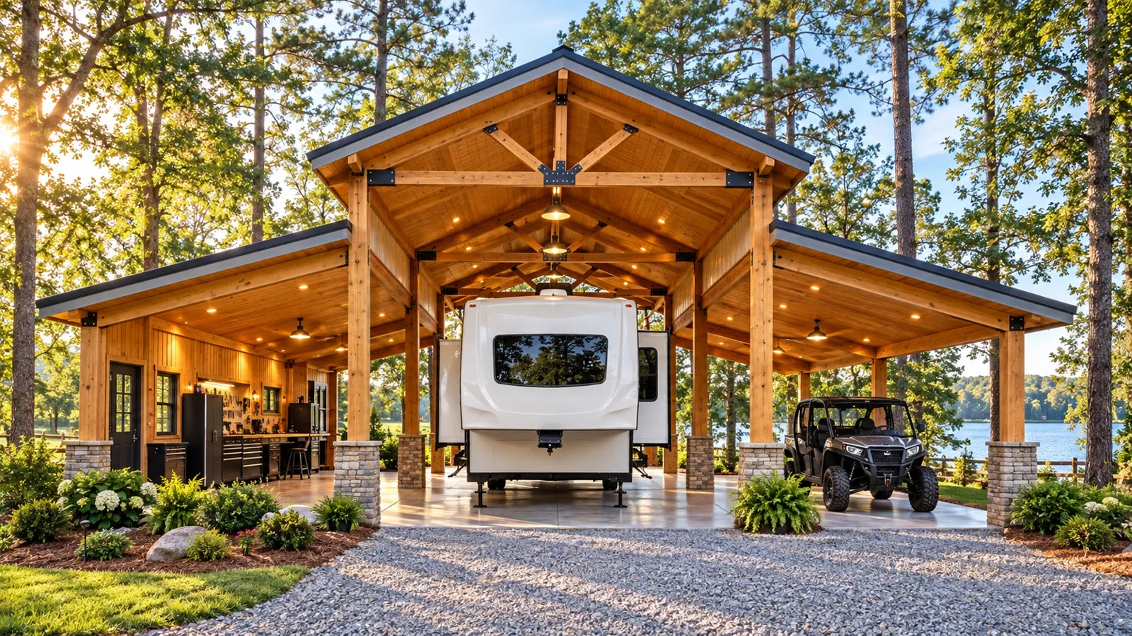 Concept rendering of a timber-frame RV pavilion with a fifth-wheel in the center bay, a workshop and a side-by-side under the side roofs, with the lake through the pines