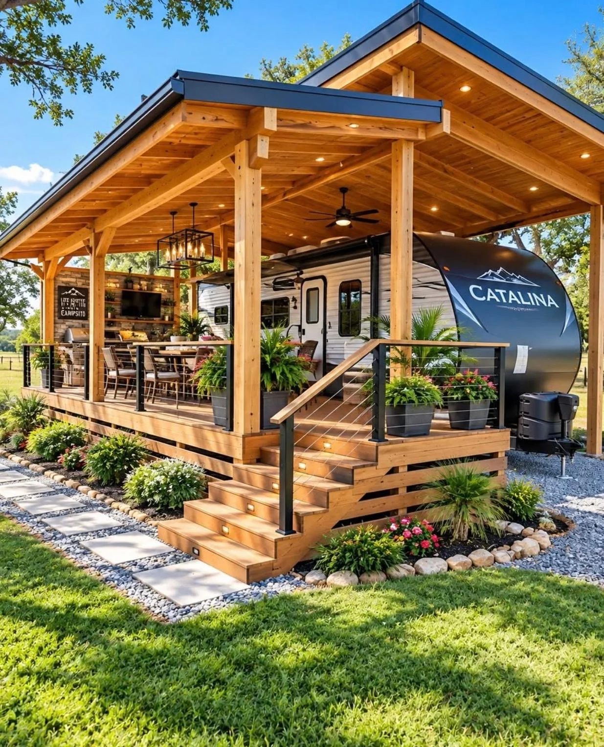 Reference photo of a travel trailer under a timber pavilion with a raised deck, cable railings, lit steps and an outdoor dining area