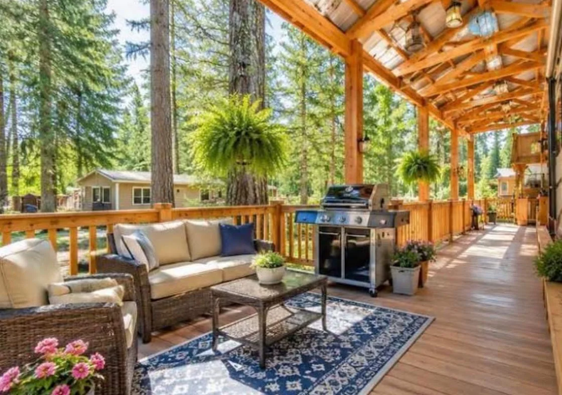 Reference photo of a covered RV deck with an outdoor sofa, grill, hanging ferns and tall evergreen trees