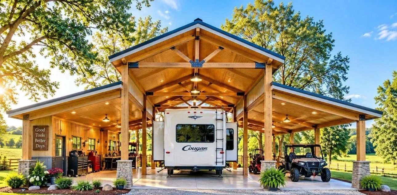 Reference photo of a timber-frame RV pavilion with a fifth-wheel in the center bay, a workshop and a side-by-side under the side roofs