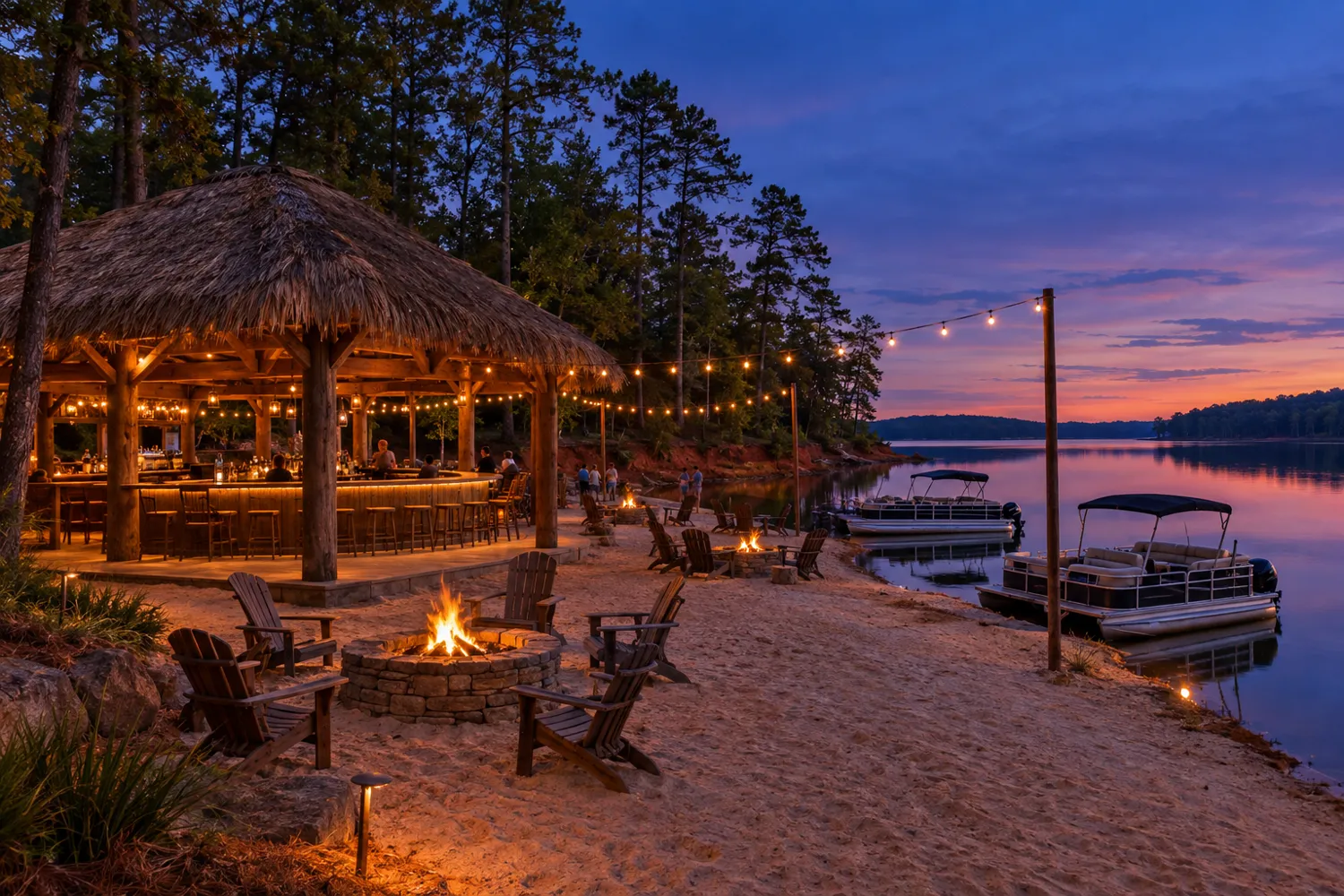 Concept view of the Sport and Tiki thatched bar at dusk with string lights, a fire pit on the sand and a pontoon at the shore