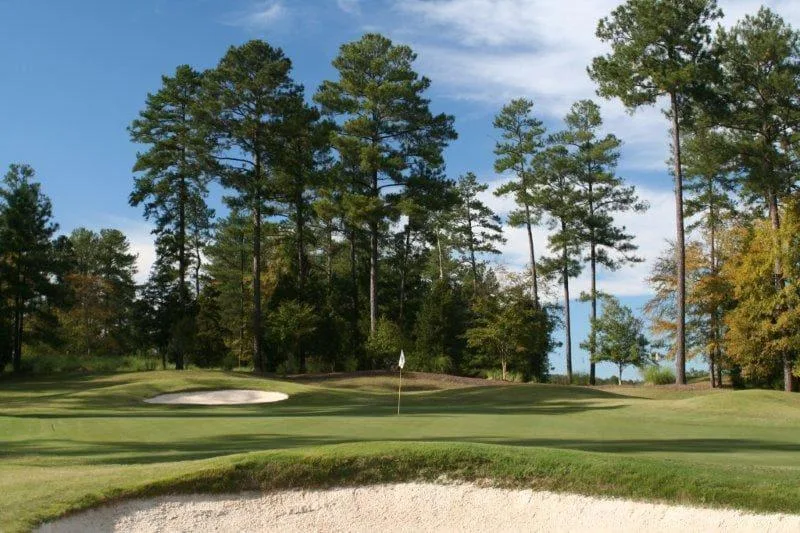 Photograph of a Tara green behind a bunker with tall pines and a flagstick