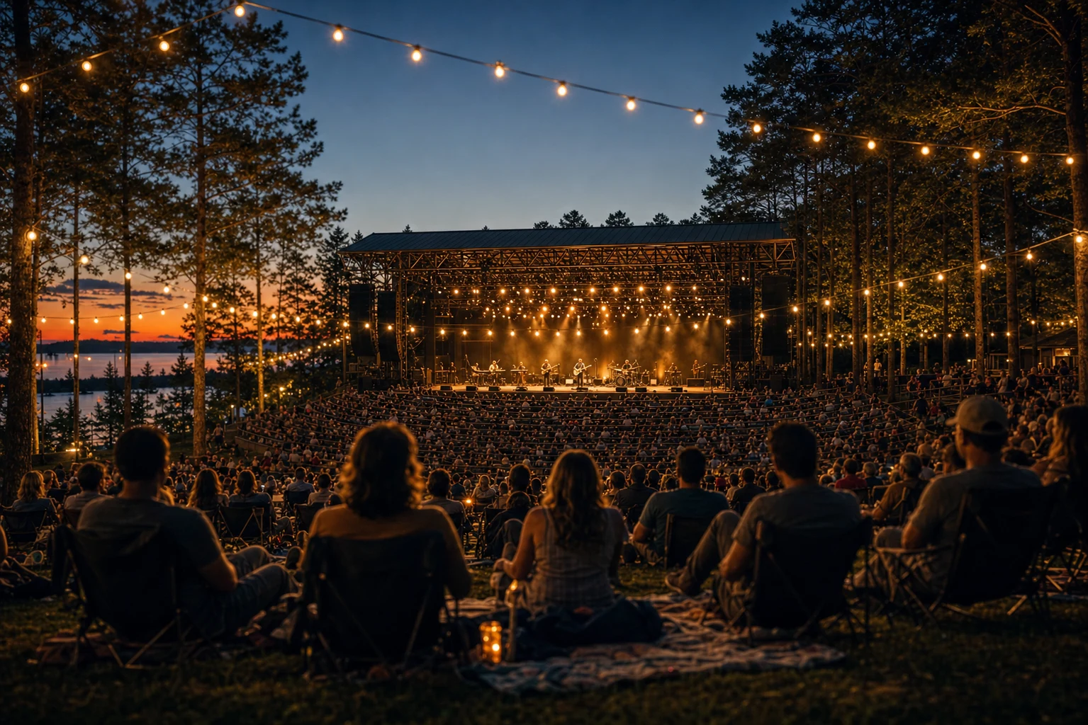 Concept view of an outdoor amphitheater concert beneath string lights