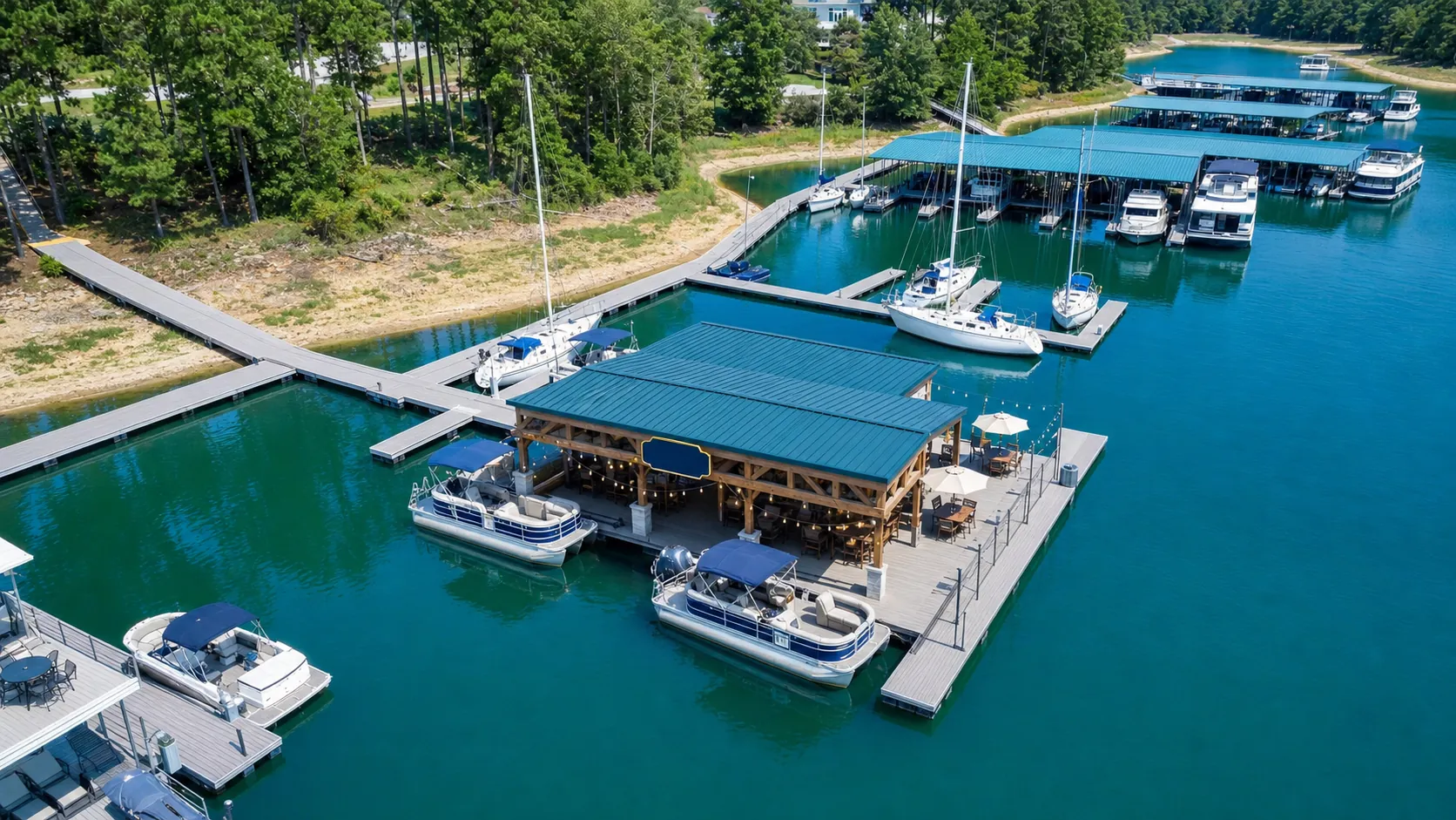 Concept view of boats and floating docks at a wooded lakeside marina