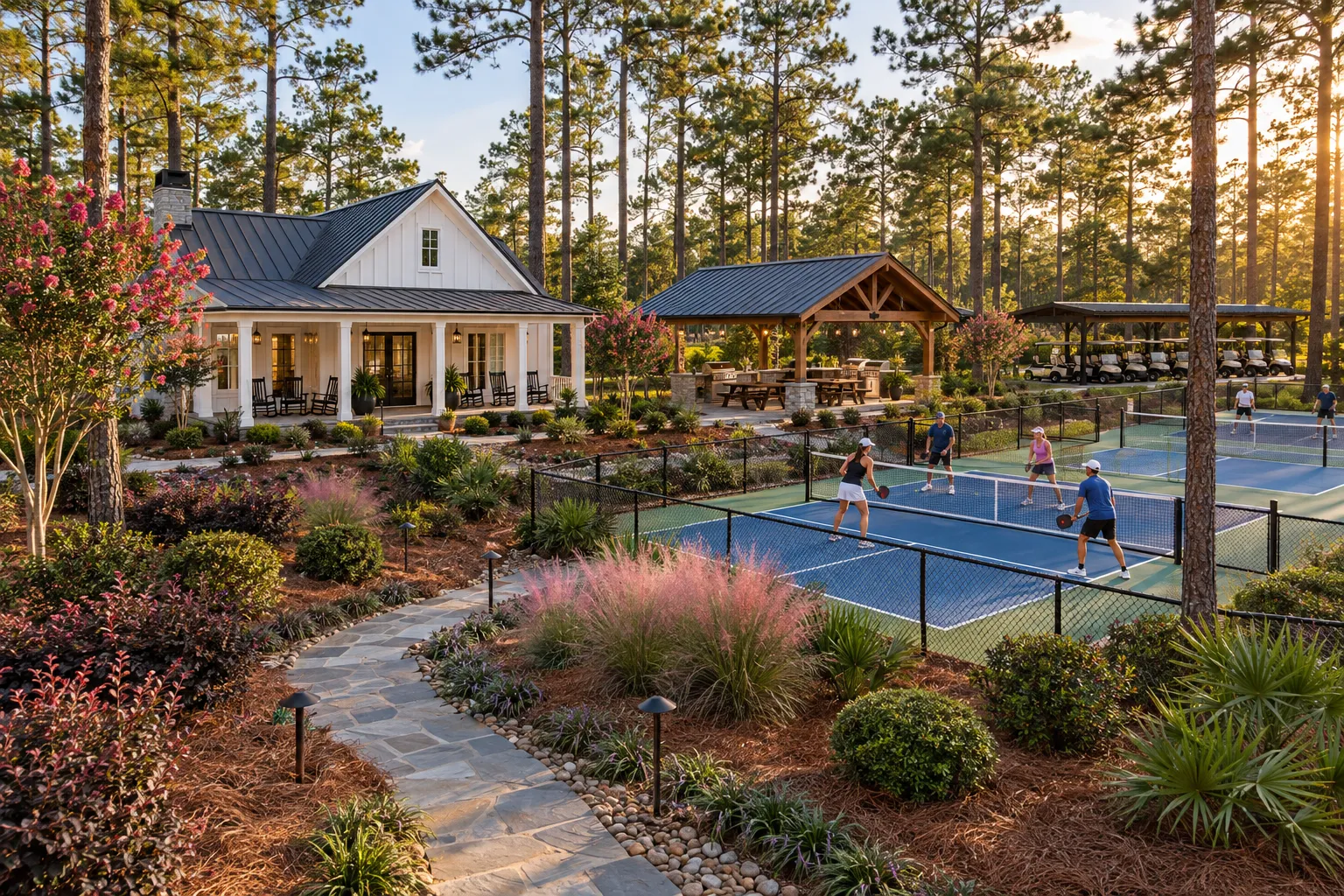Proposed clubhouse, open-air pavilion and pickleball courts.