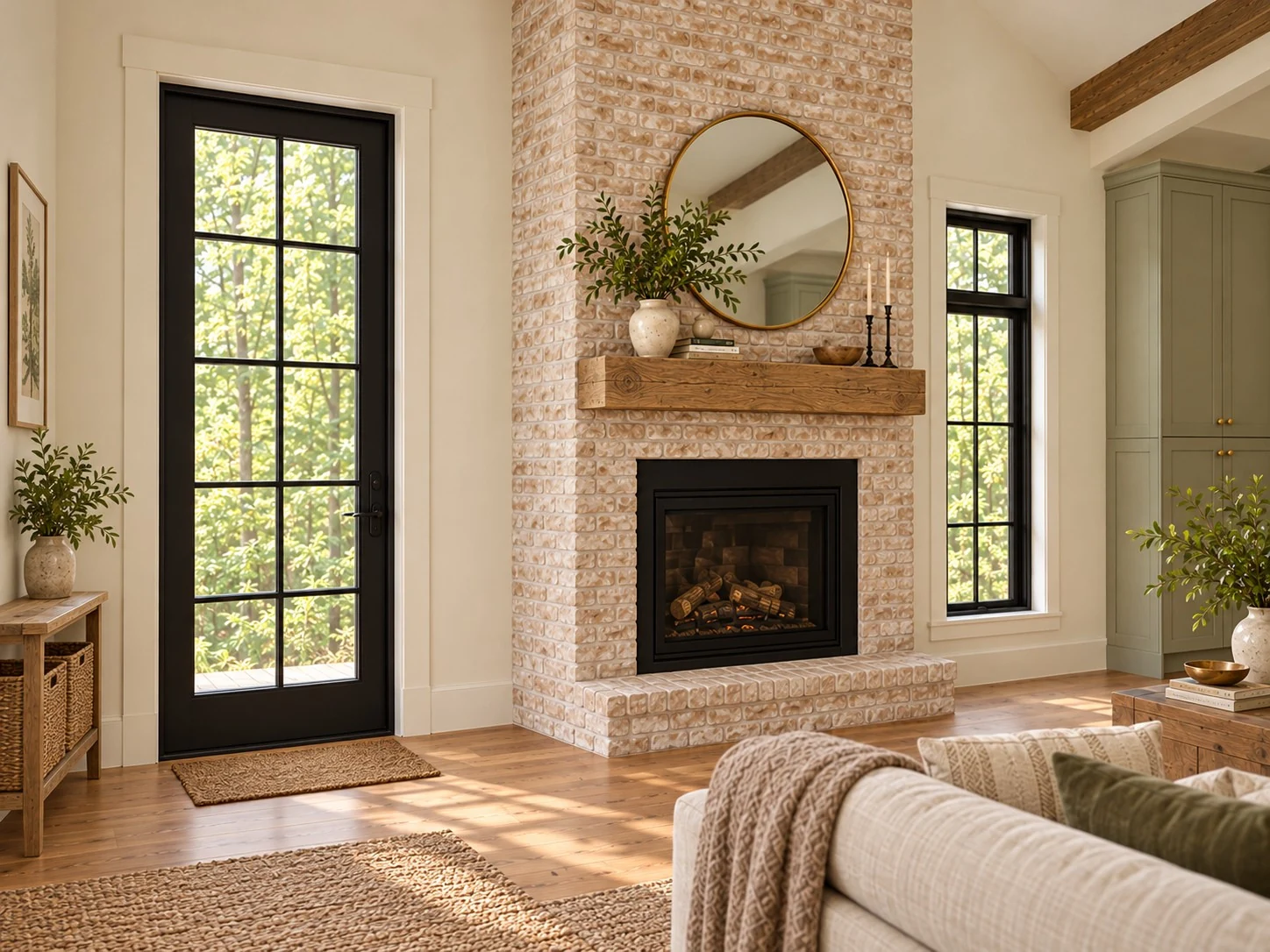 Main level · Fireplace side entry transition, standard illustrative interior; Fireplace-side entry concept. Door clearances, entry landing and chimney/connector relationship require final design coordination.