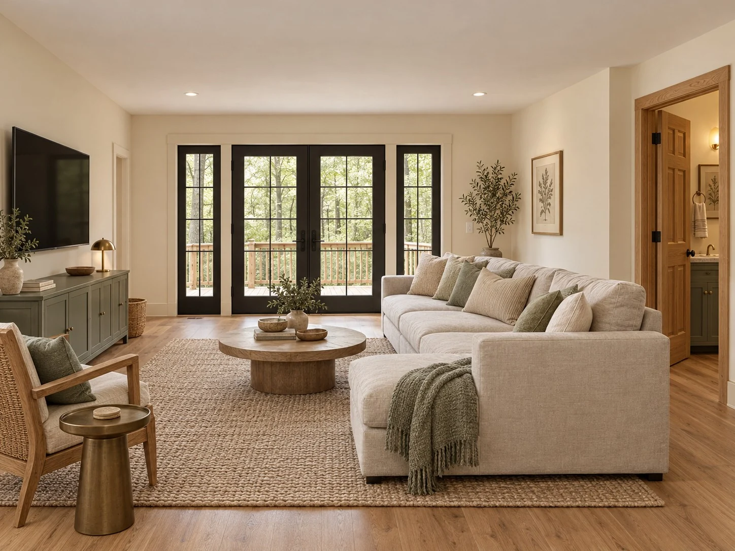 Finished walkout · Family room, standard illustrative interior; French doors to outdoor living are illustrative. Deck or patio extent, cover and grading are determined in final design.